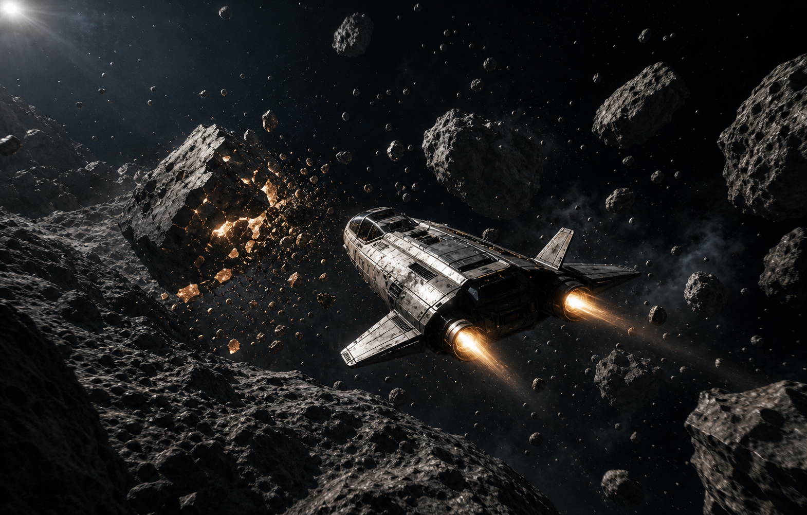 A battle-scarred interceptor banks through fractured charcoal asteroids.
