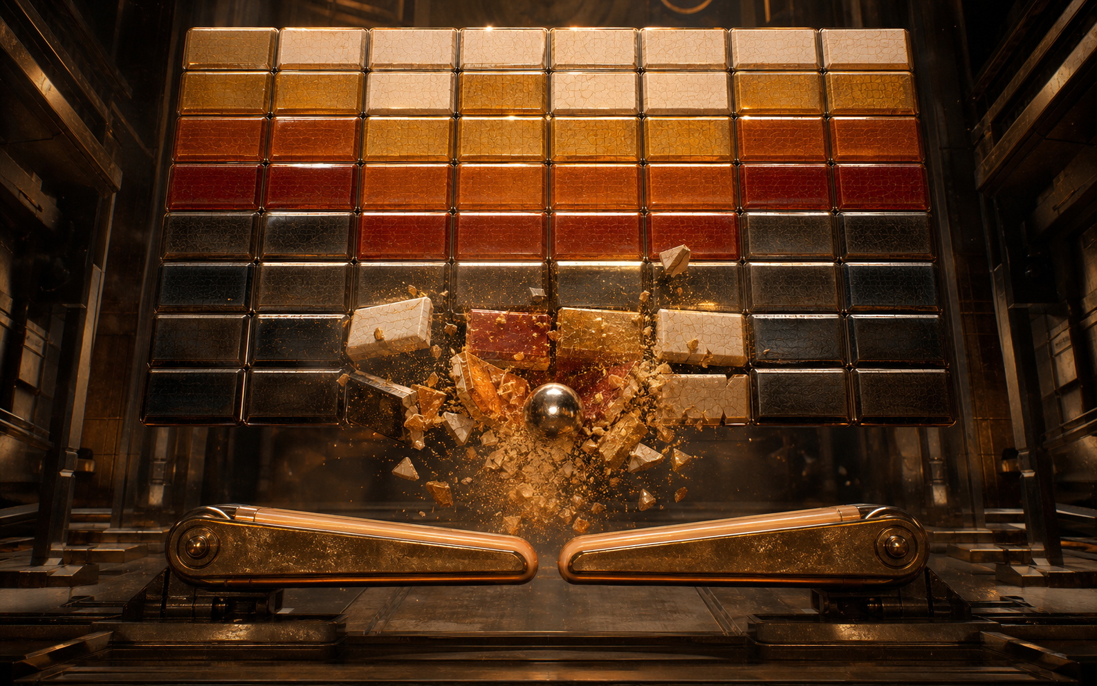 A steel ball shatters glazed blocks above a heavy mechanical paddle.