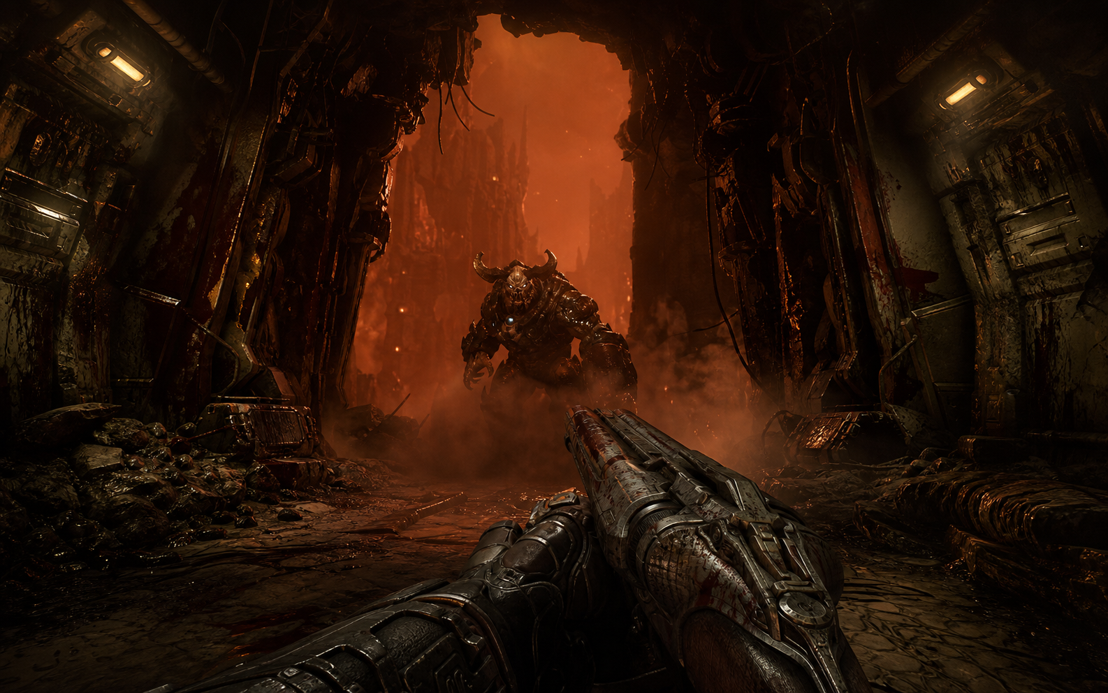 A lone marine confronts a biomechanical demon in a scorched lunar bunker.