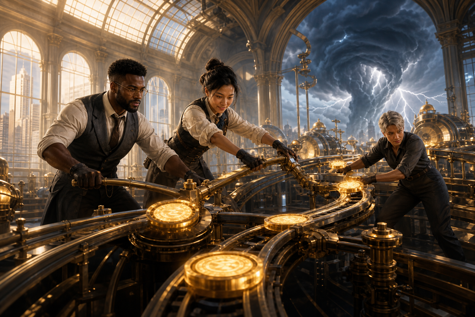 Operators redirect glowing transaction discs through a brass banking engine.