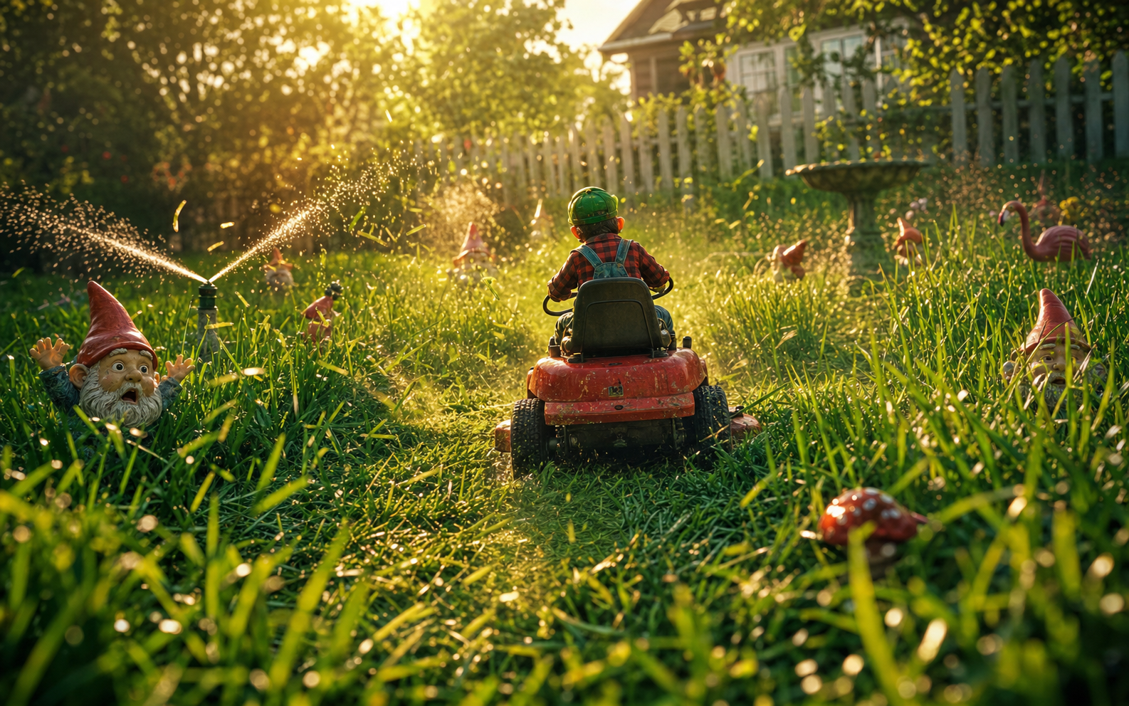 A tiny red mower cuts a path through an overgrown garden at golden hour.