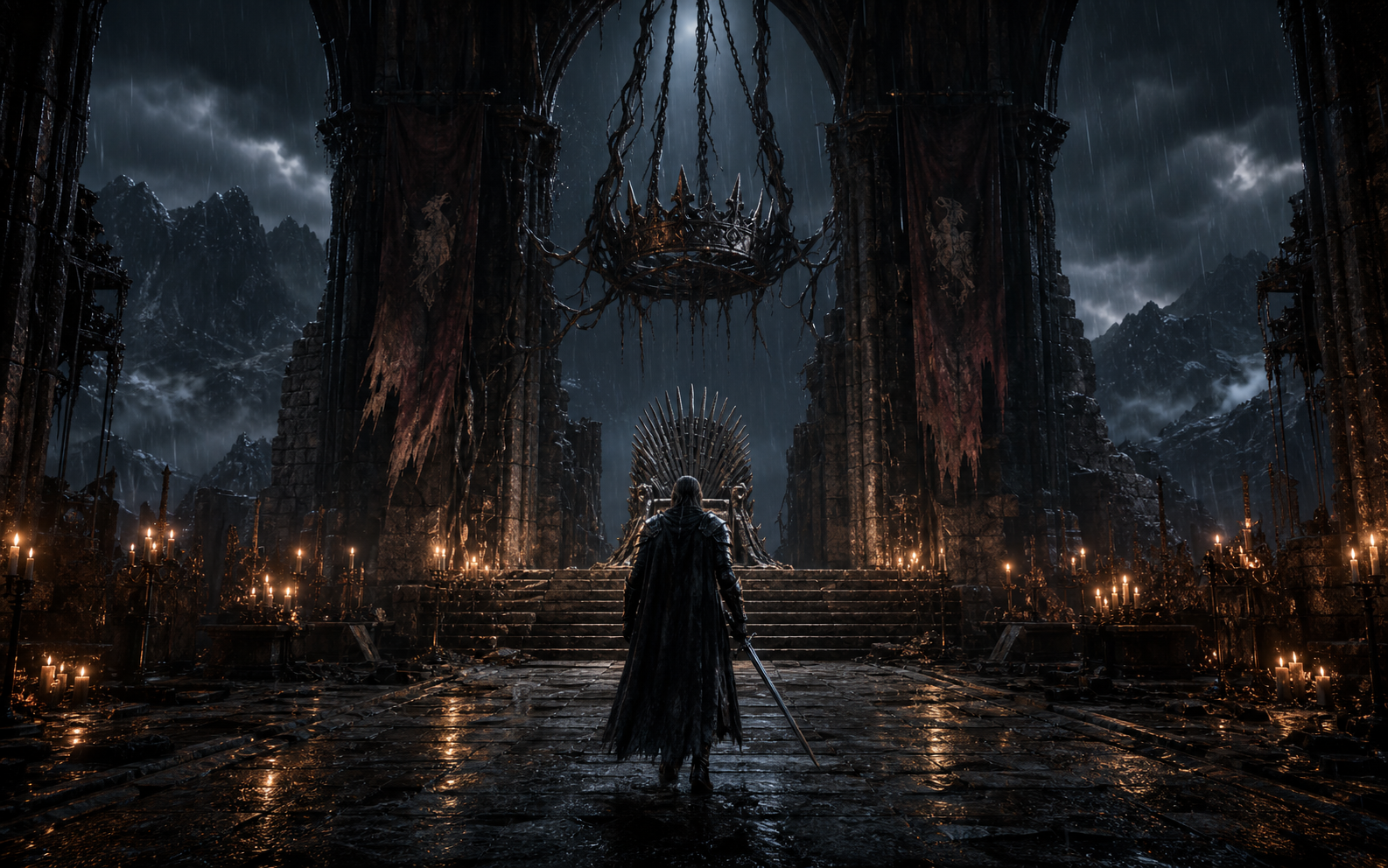 An armored heir approaches an empty throne beneath a cracked suspended crown.