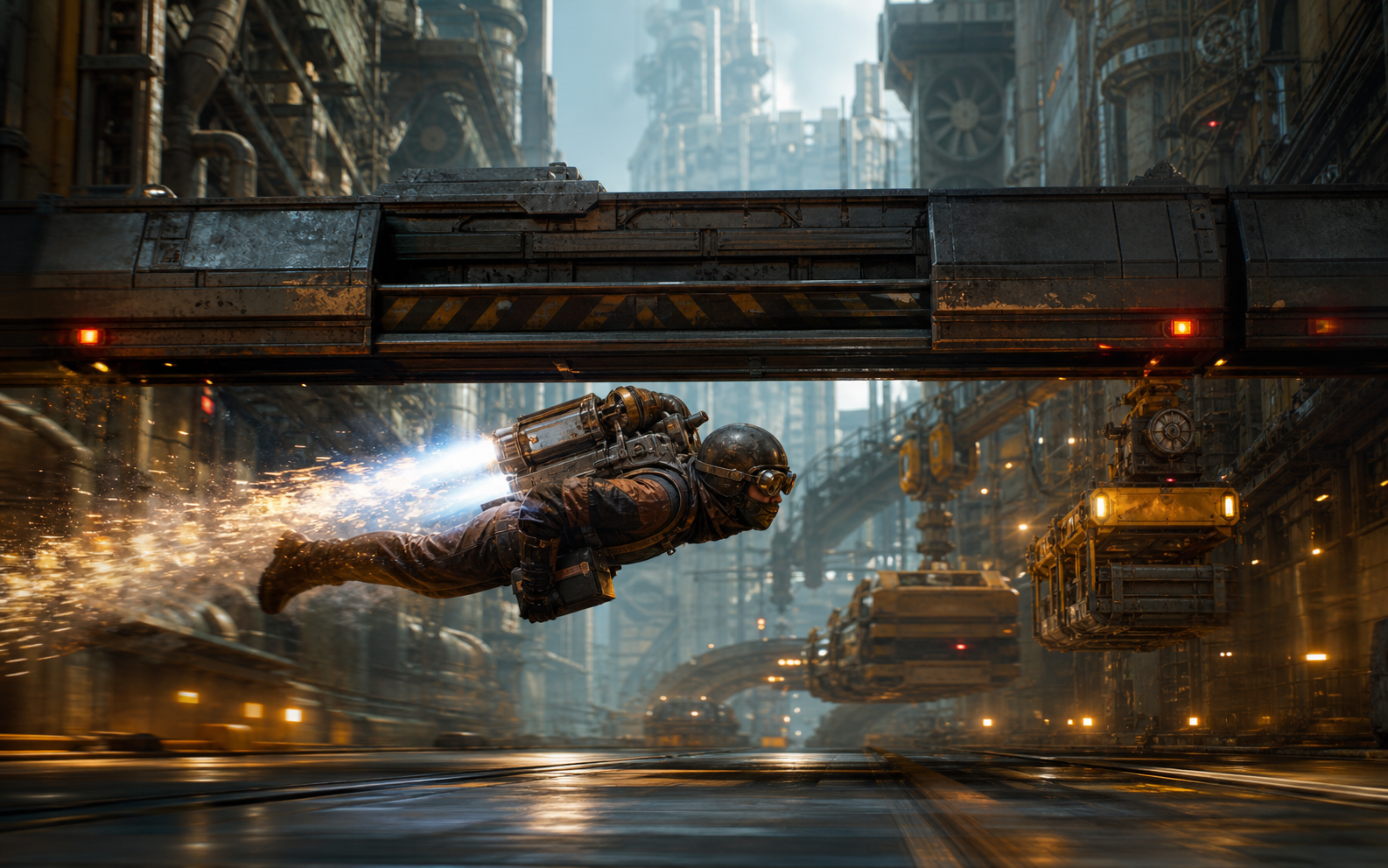 A courier skims under a closing gate in a towering retro-future factory.