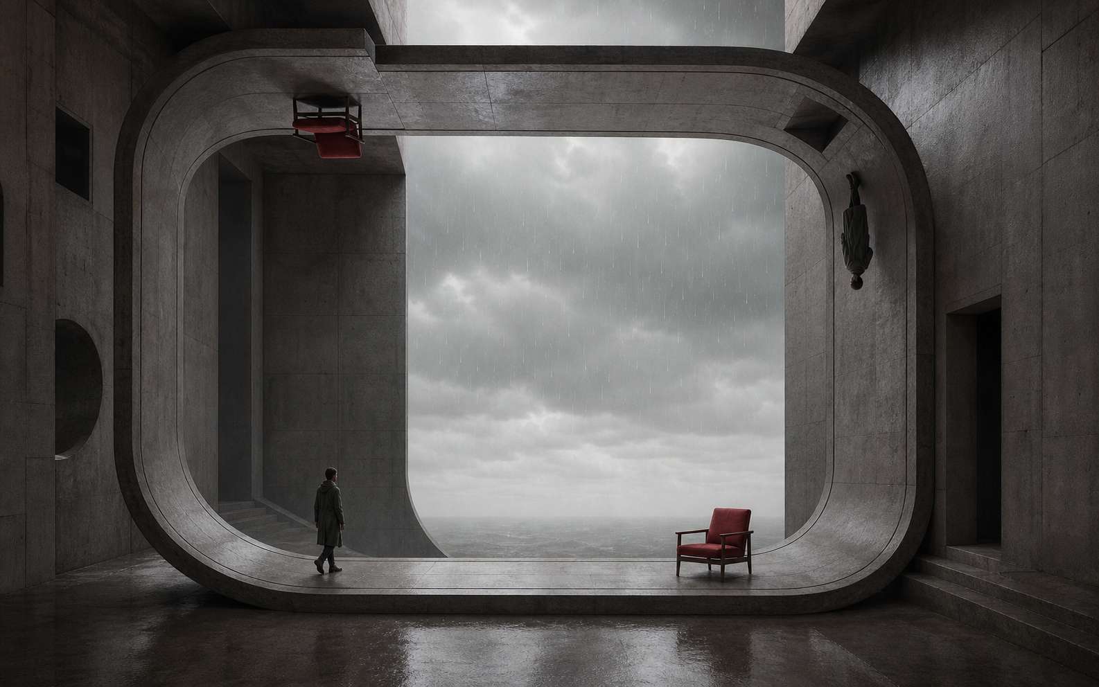 A lone traveler walks through a brutalist gallery corridor folding back on itself.