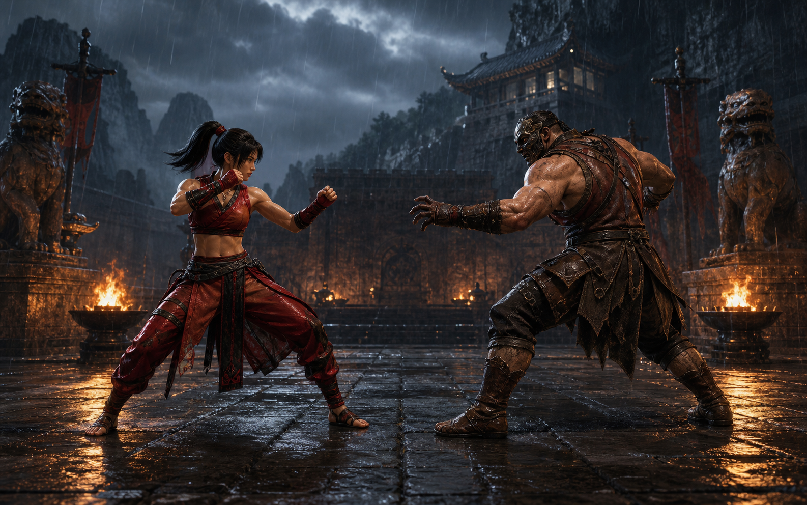 Two original fighters face each other in a rain-soaked mountain courtyard.