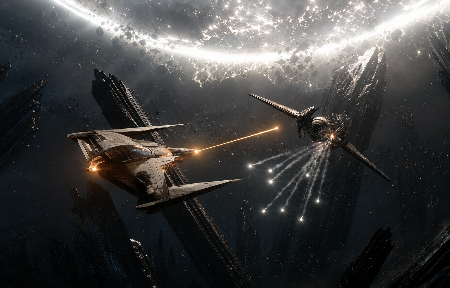 Two starfighters cross paths beside a fractured halo of starlight.