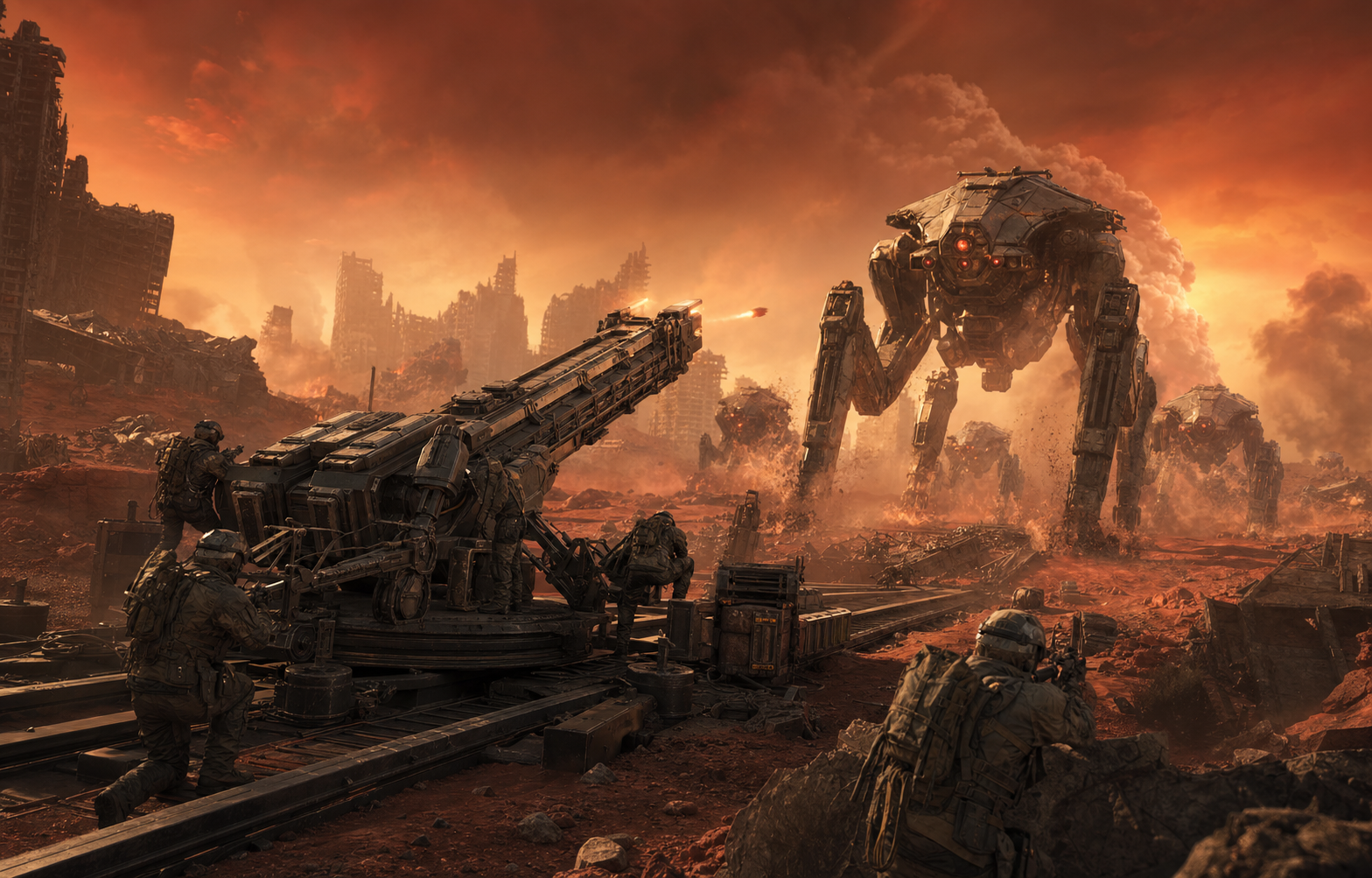 An improvised rail cannon confronts harvesters in a rust-desert megacity.