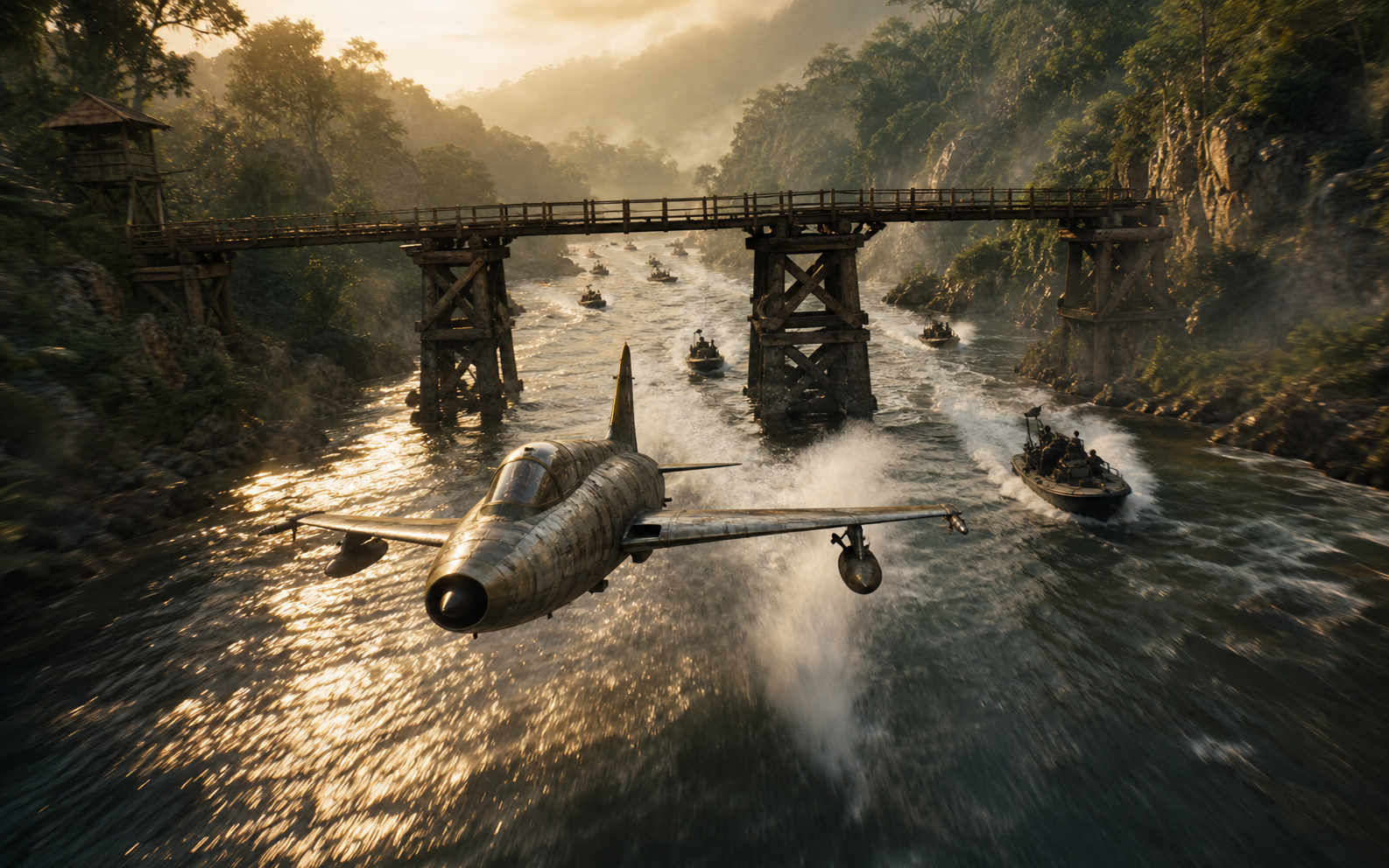 An attack jet races along a misty jungle river between bridge pylons.