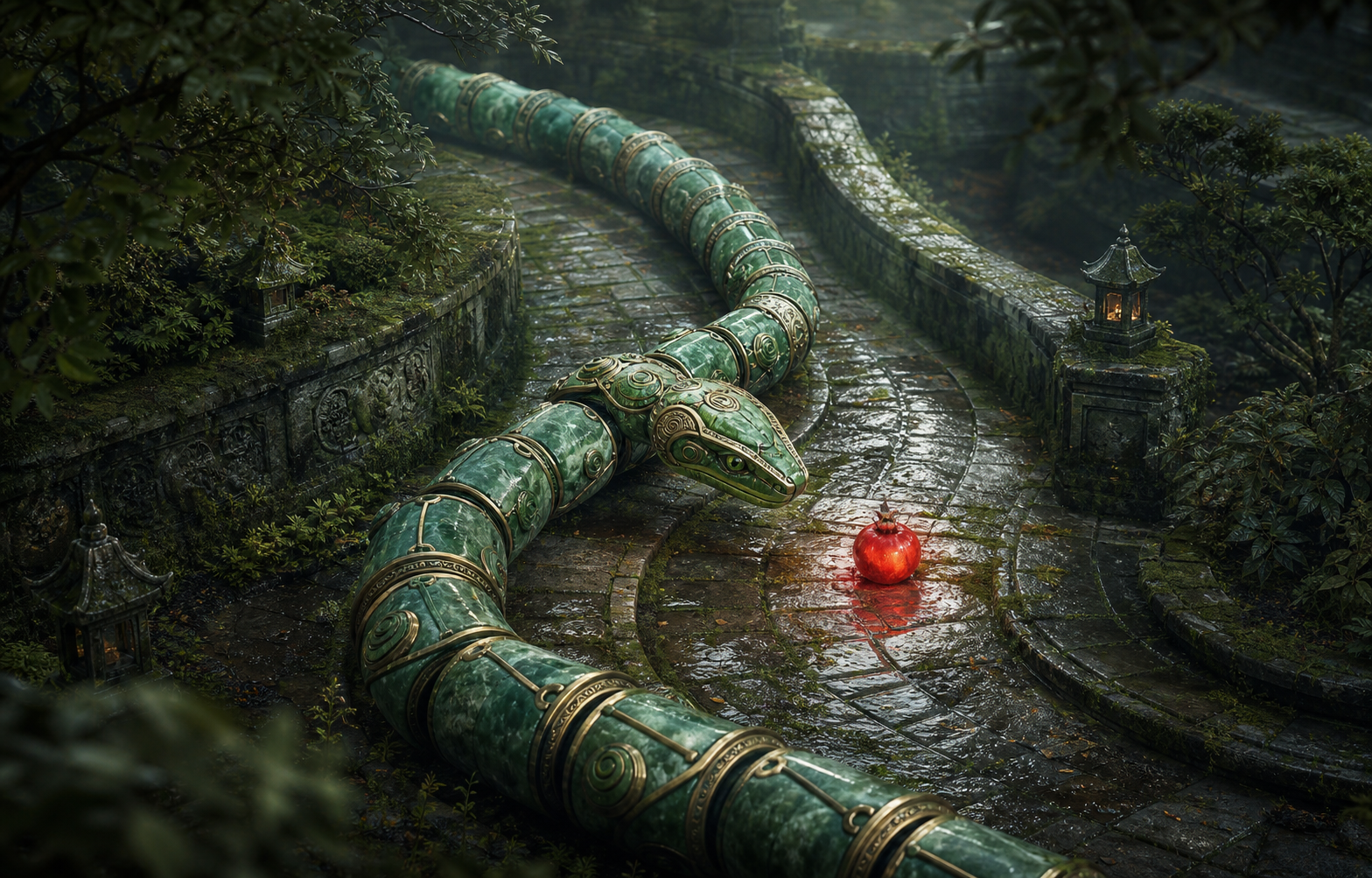 A jade serpent automaton winds through a rain-wet terraced garden.