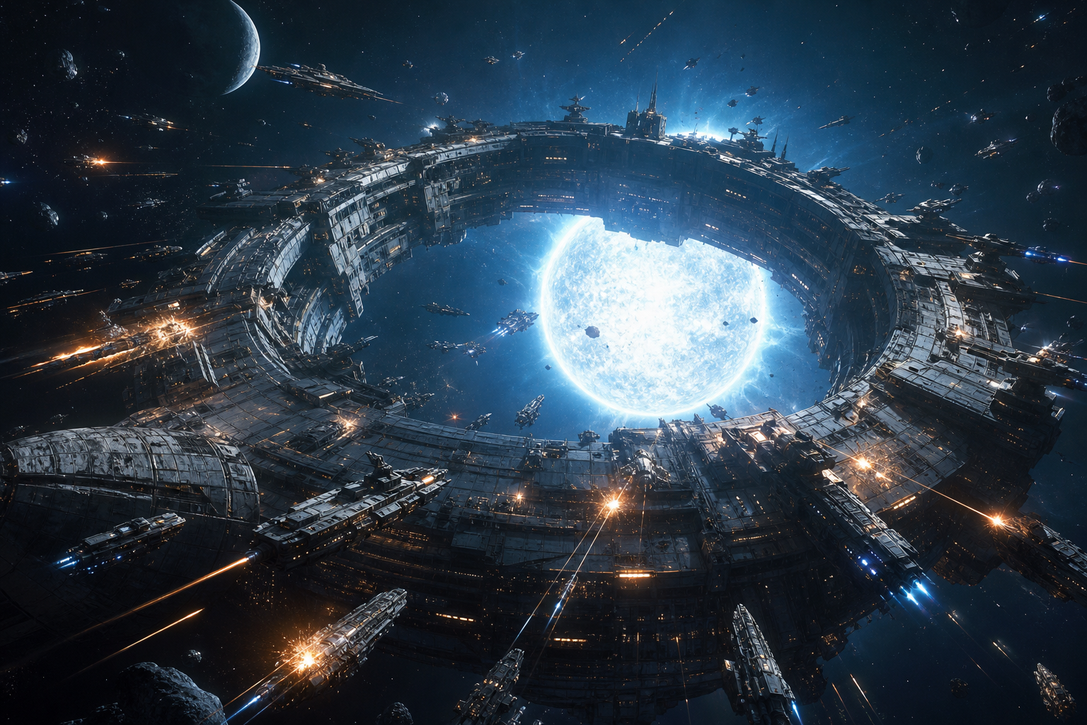 A colossal ring fortress defends a pale blue star amid a layered fleet battle.