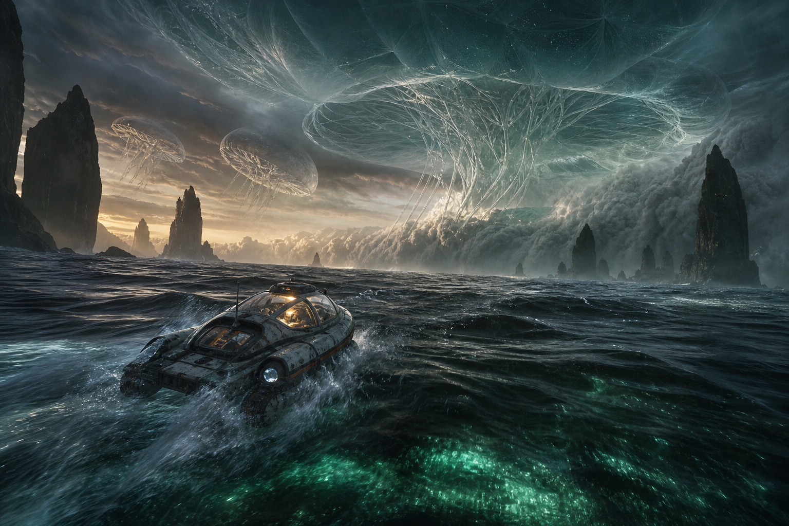 An amphibious survey skimmer races across an alien ocean beneath storm organisms.