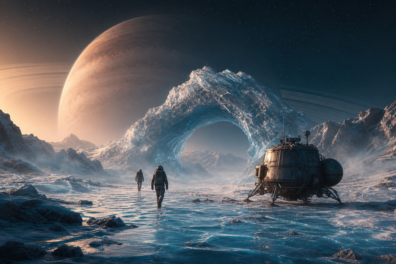 Explorers and a survey lander cross an ice moon toward a crystal arch.